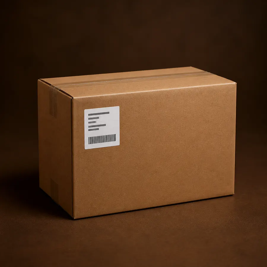 A sealed plain cardboard shipping box with an unbranded delivery label