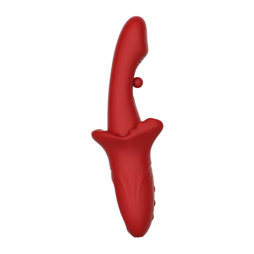 Curved Red Vibrator with Bulbous Tip and Flared Base Handle product view 5