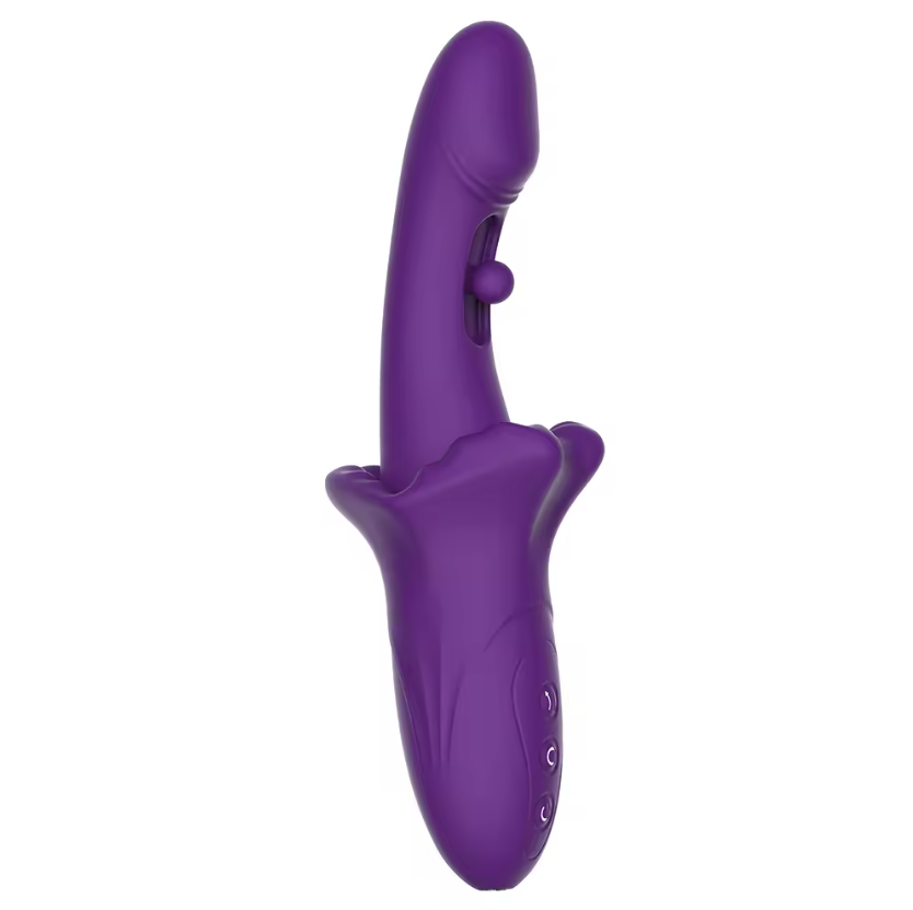 Curved Red Vibrator with Bulbous Tip and Flared Base Handle product view 6