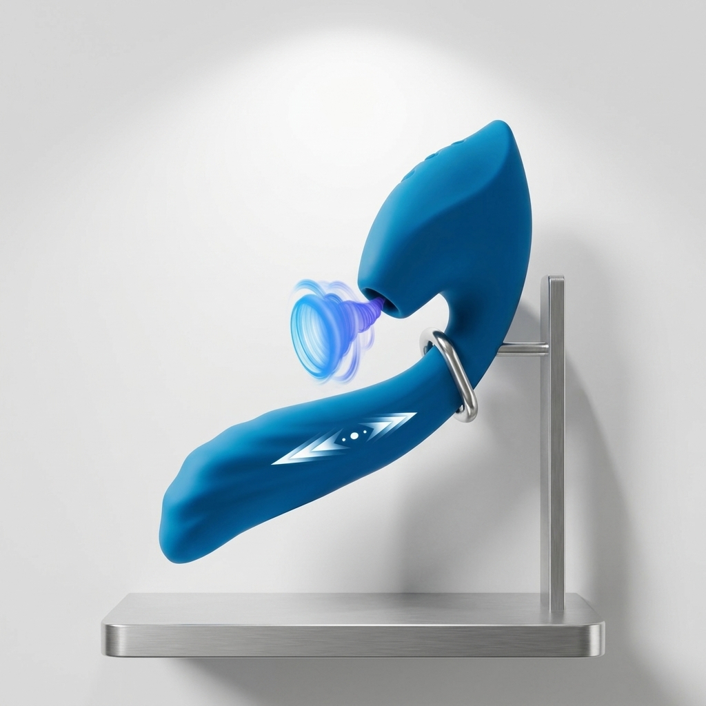 Deep Blue Curved Silicone Vibrator with Bulbous Head product view 2