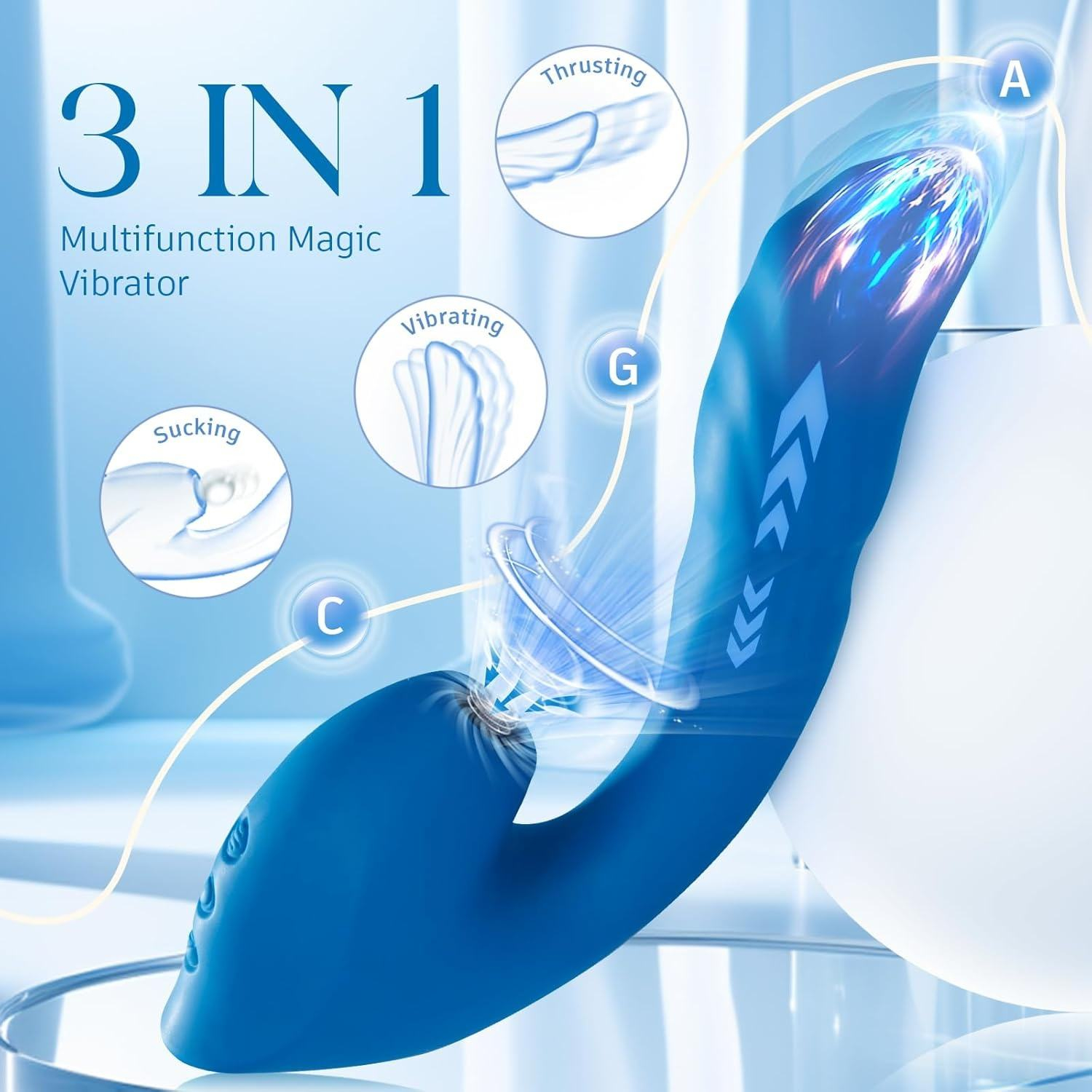 Deep Blue Curved Silicone Vibrator with Bulbous Head product view 3